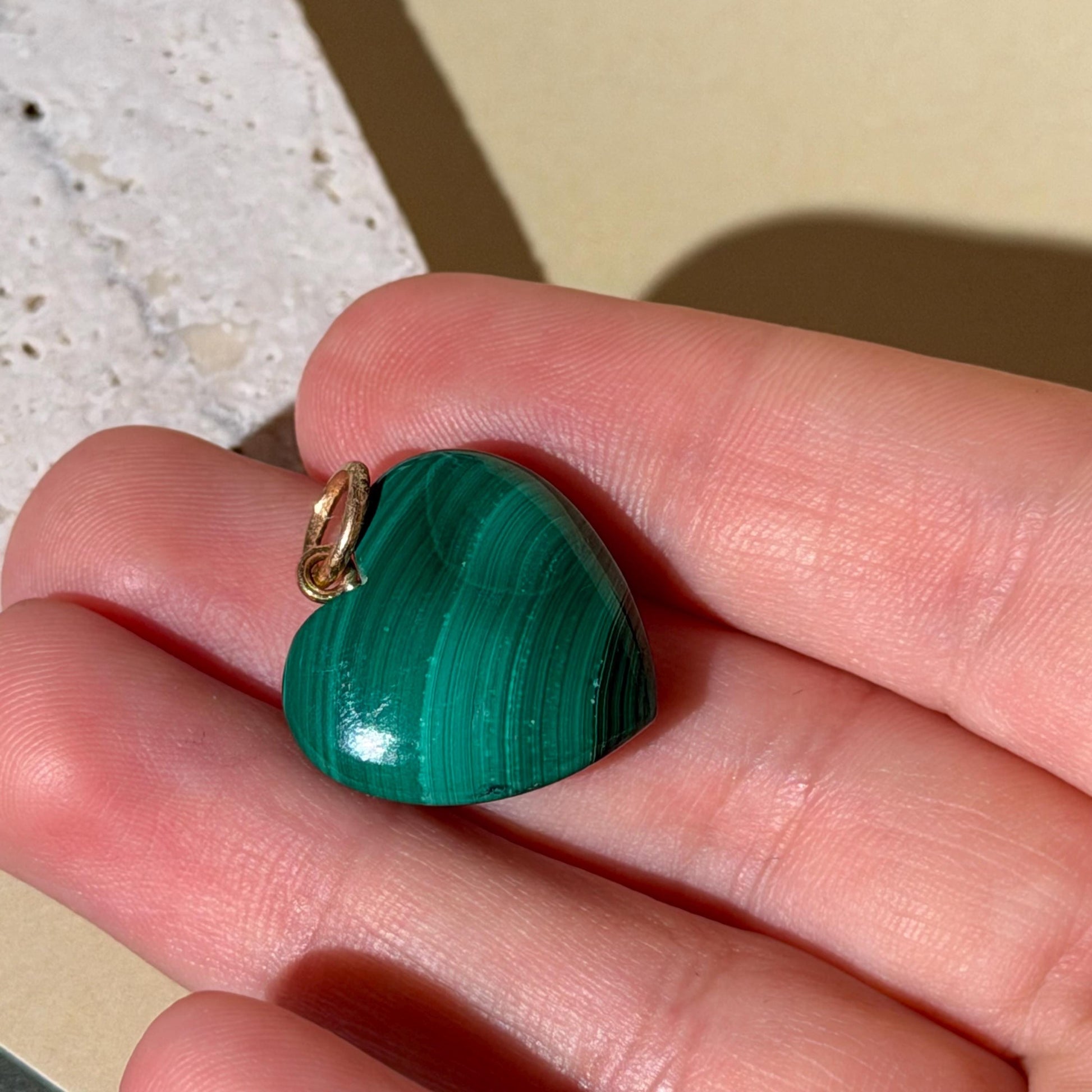 14K Solid Gold Pink Malachite Heart Pendant with Natural Diamonds 1” long
