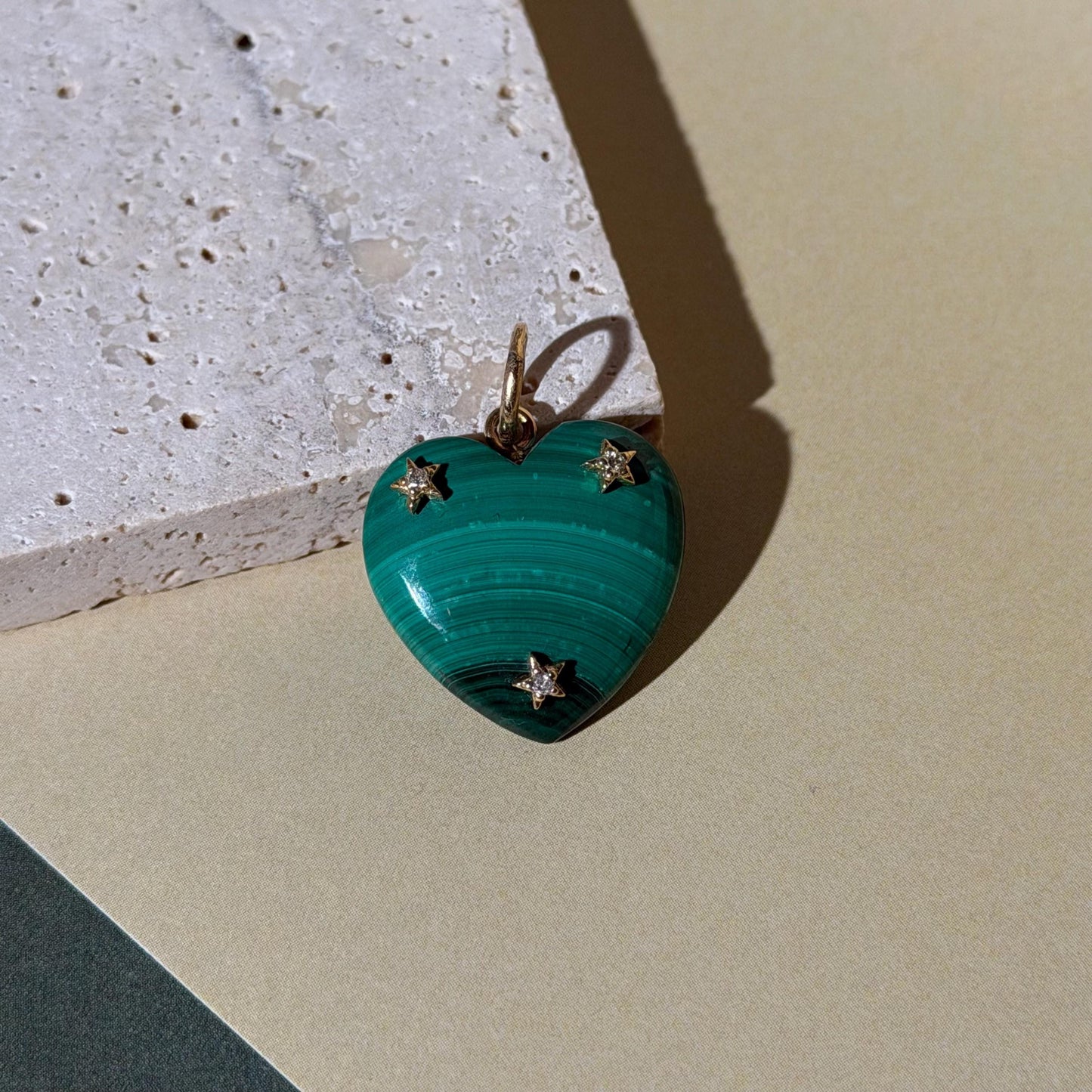 14K Solid Gold Pink Malachite Heart Pendant with Natural Diamonds 1” long