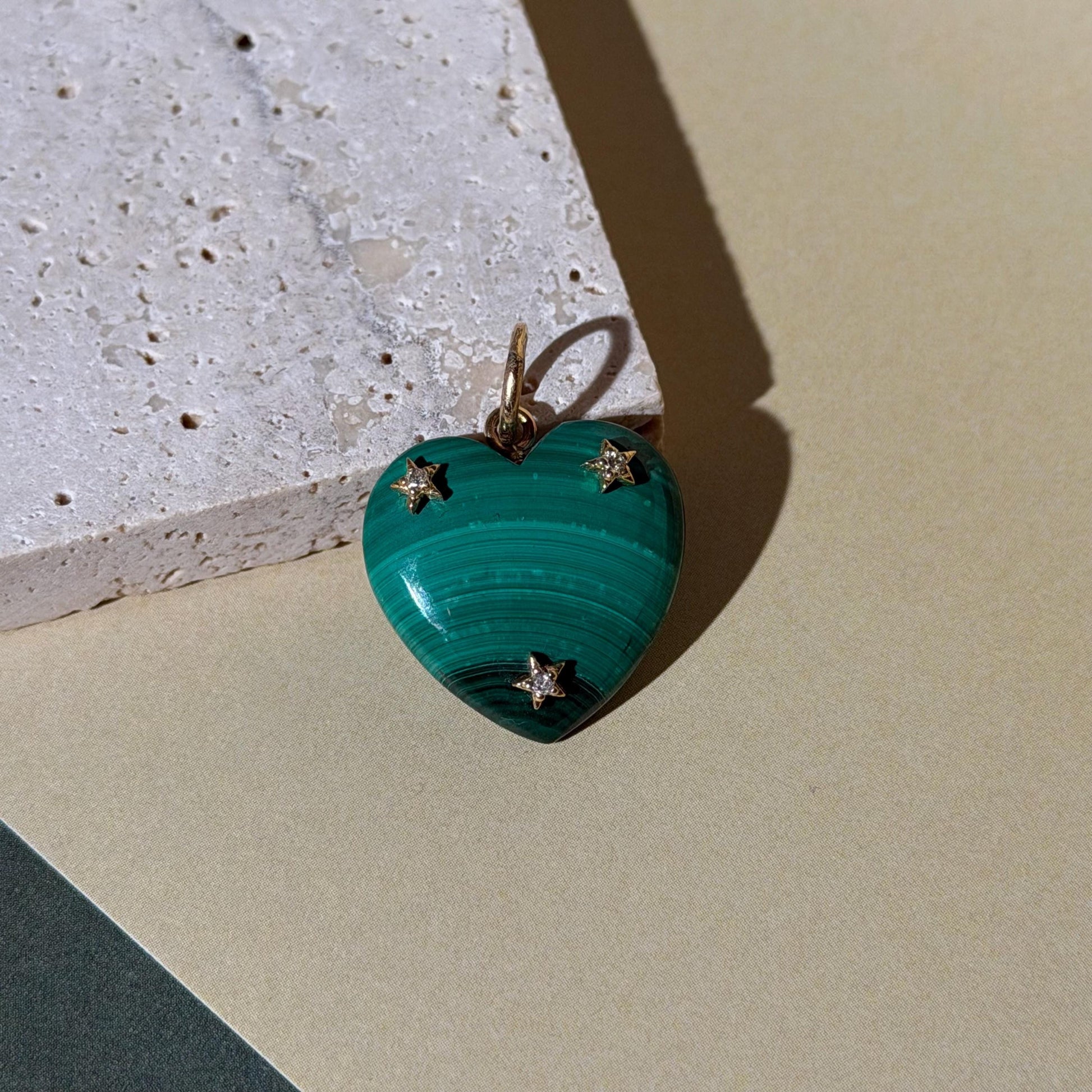 14K Solid Gold Pink Malachite Heart Pendant with Natural Diamonds 1” long