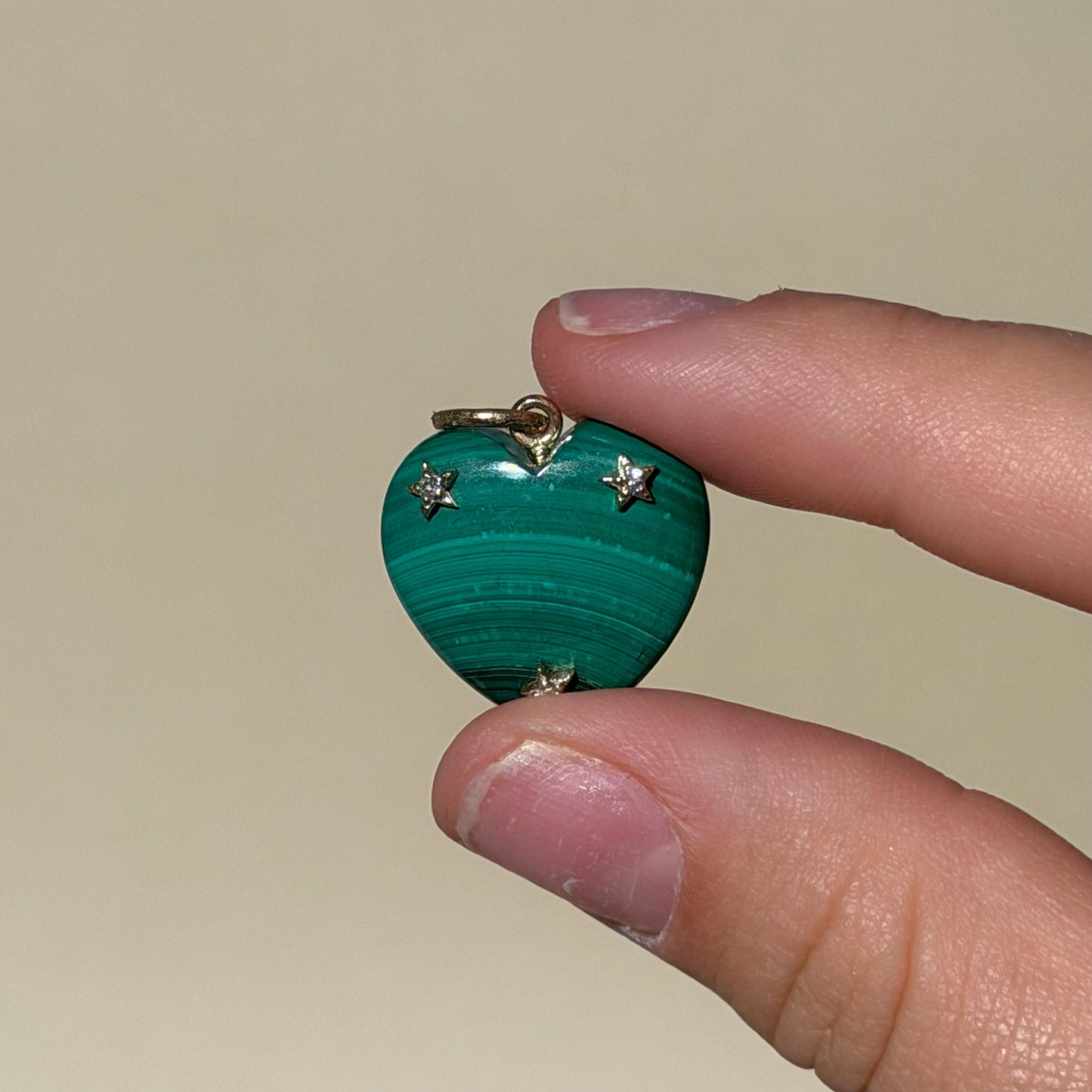 14K Solid Gold Pink Malachite Heart Pendant with Natural Diamonds 1” long