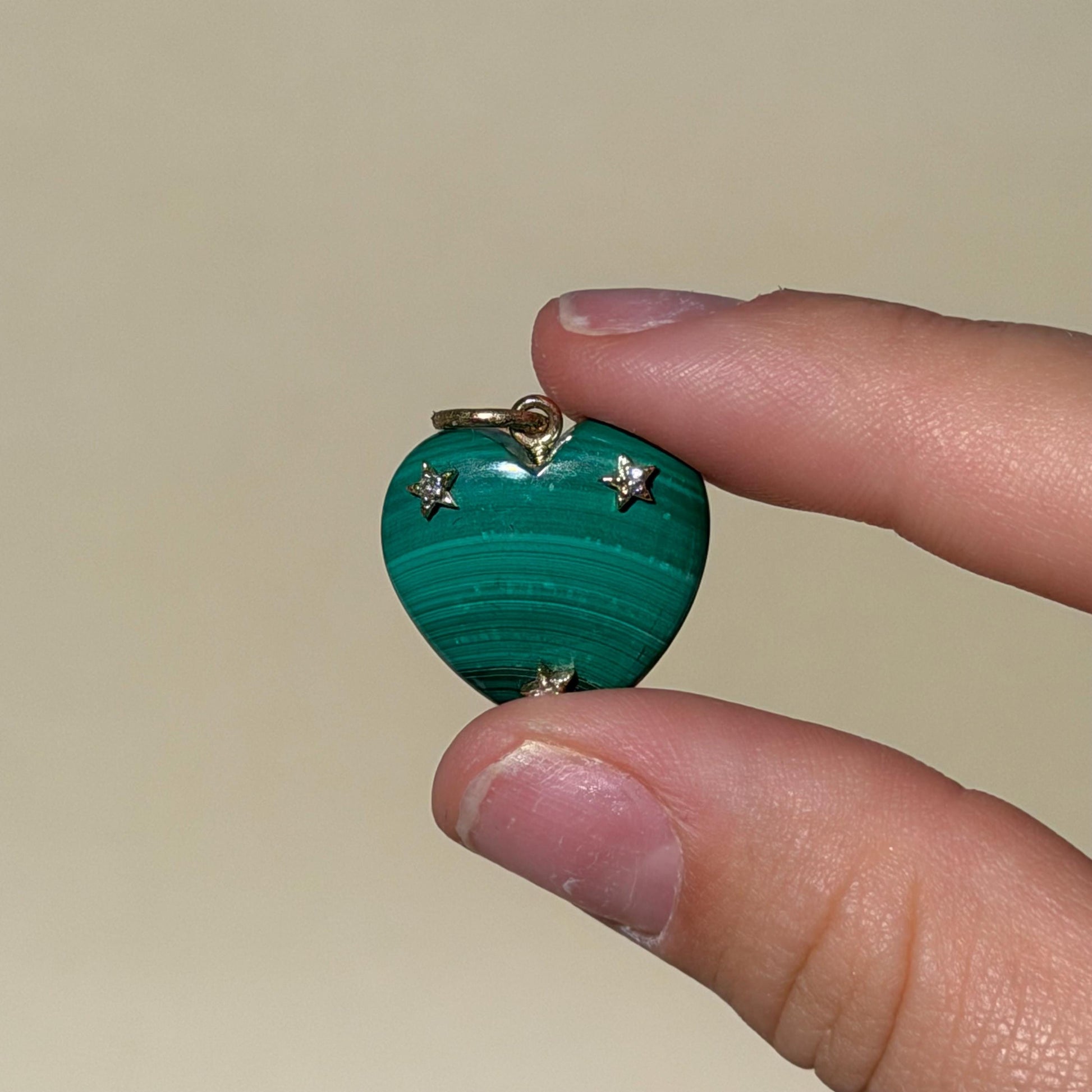 14K Solid Gold Pink Malachite Heart Pendant with Natural Diamonds 1” long