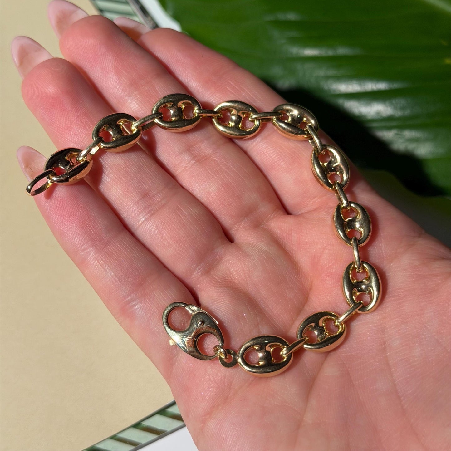 14K Solid Gold Puffy Mariner Bracelet 7.5” Long 10mm wide 9.9gram