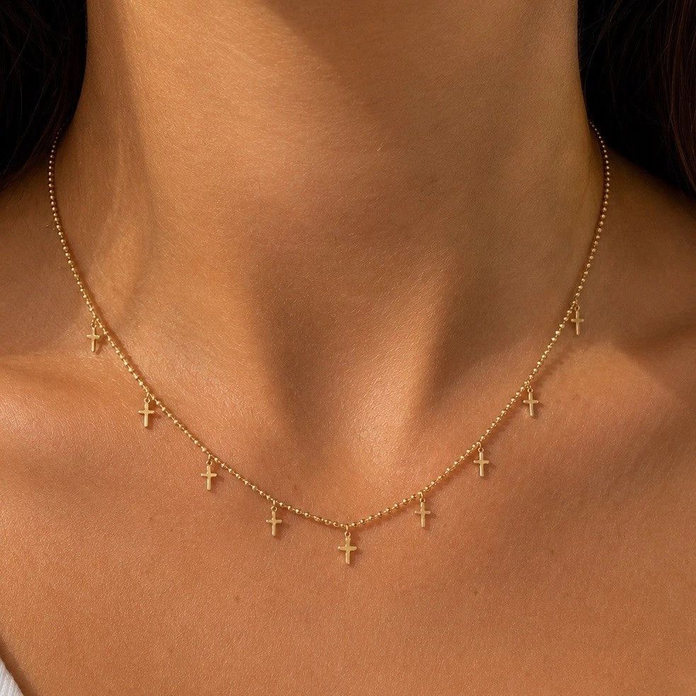 14K Solid Yellow Gold Dangling Cross Necklace 15-16-17”