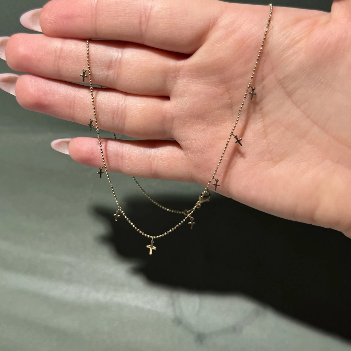 14K Solid Yellow Gold Dangling Cross Necklace 15-16-17”