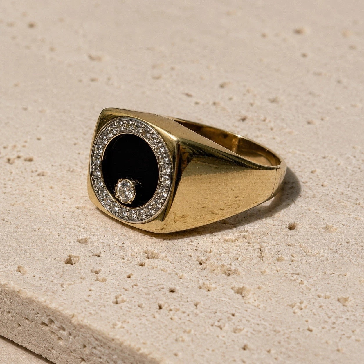 14K Unique Solid Gold Floating Diamond & Onyx Ring Size 10.75 Sizable 18.9g