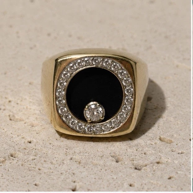 14K Unique Solid Gold Floating Diamond & Onyx Ring Size 10.75 Sizable 18.9g