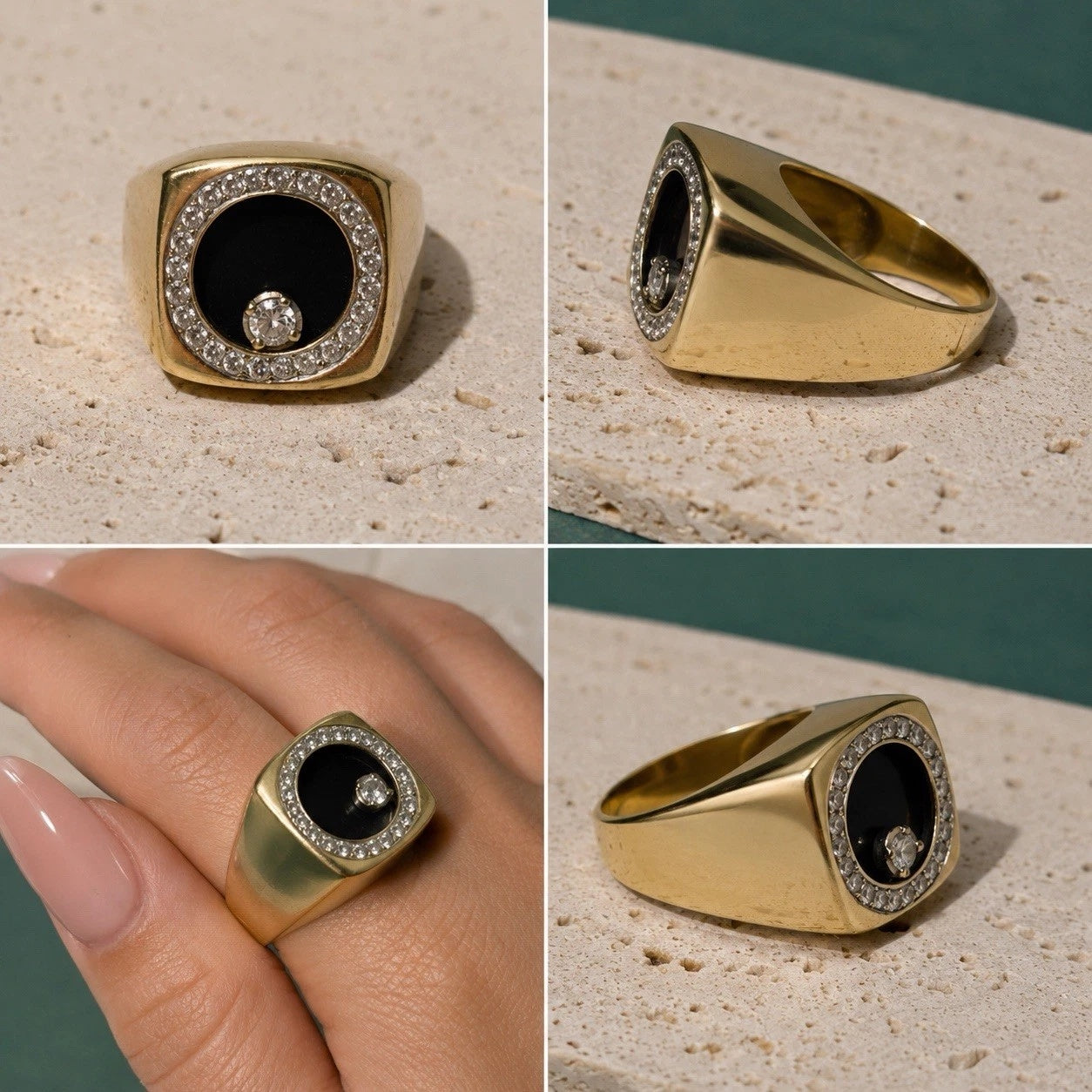 14K Unique Solid Gold Floating Diamond & Onyx Ring Size 10.75 Sizable 18.9g
