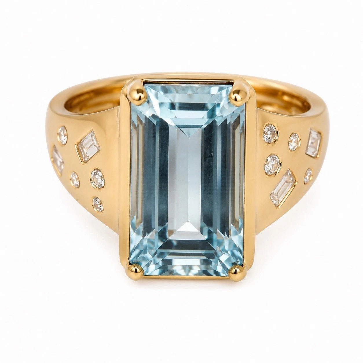 14K Yellow Gold Aquamarine & Natural Diamond Ring 2.77CT Emerald Cut Size 7