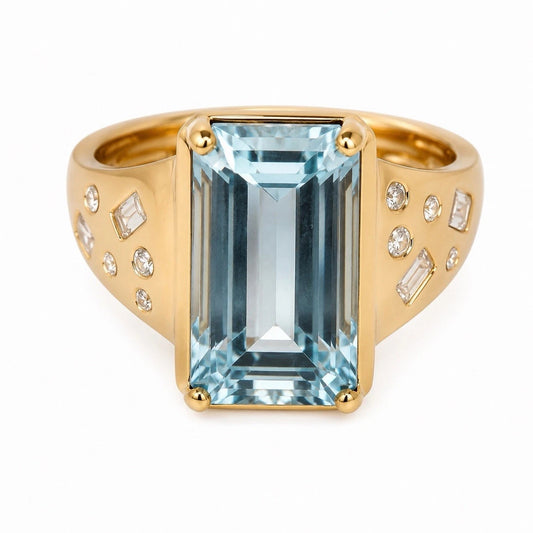 14K Yellow Gold Aquamarine & Natural Diamond Ring 2.77CT Emerald Cut Size 7