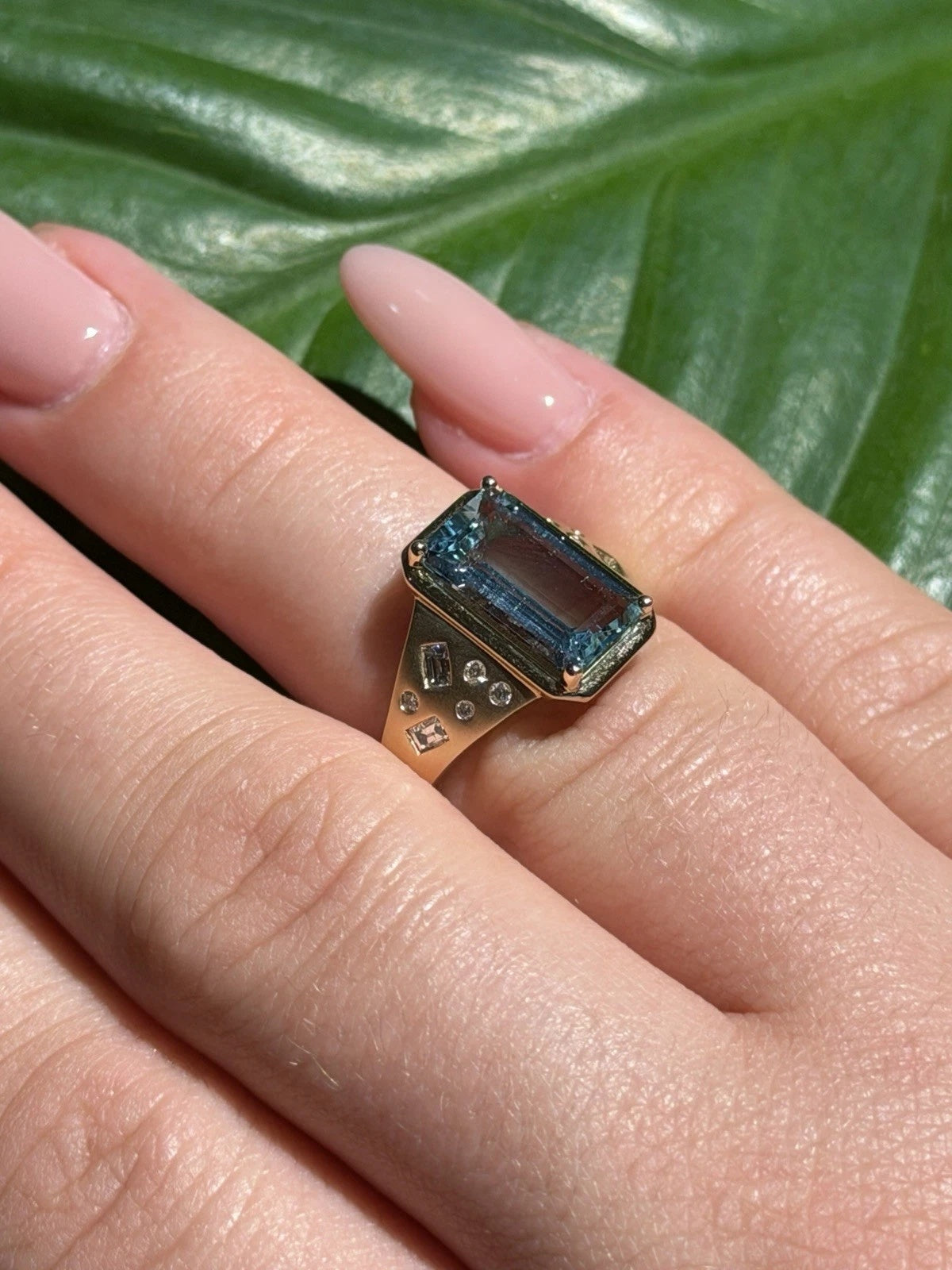 14K Yellow Gold Aquamarine & Natural Diamond Ring 2.77CT Emerald Cut Size 7