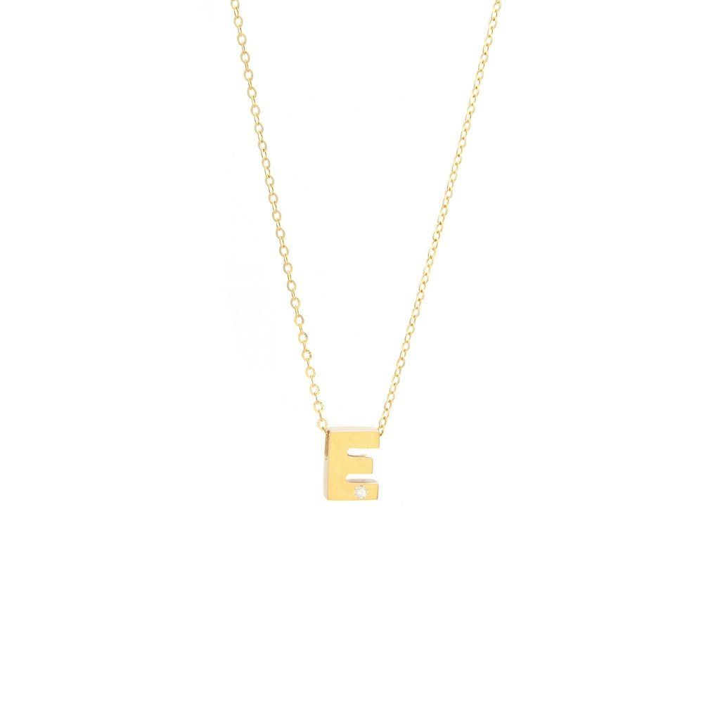 14K Yellow Gold Diamond E Initial Letter Minimalist  Necklace 16"-18"