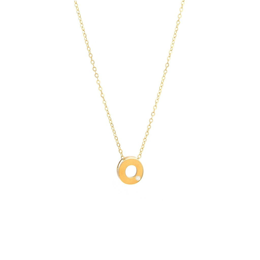 14K Yellow Gold Diamond O Initial Letter Minimalist  Necklace 16"-18"