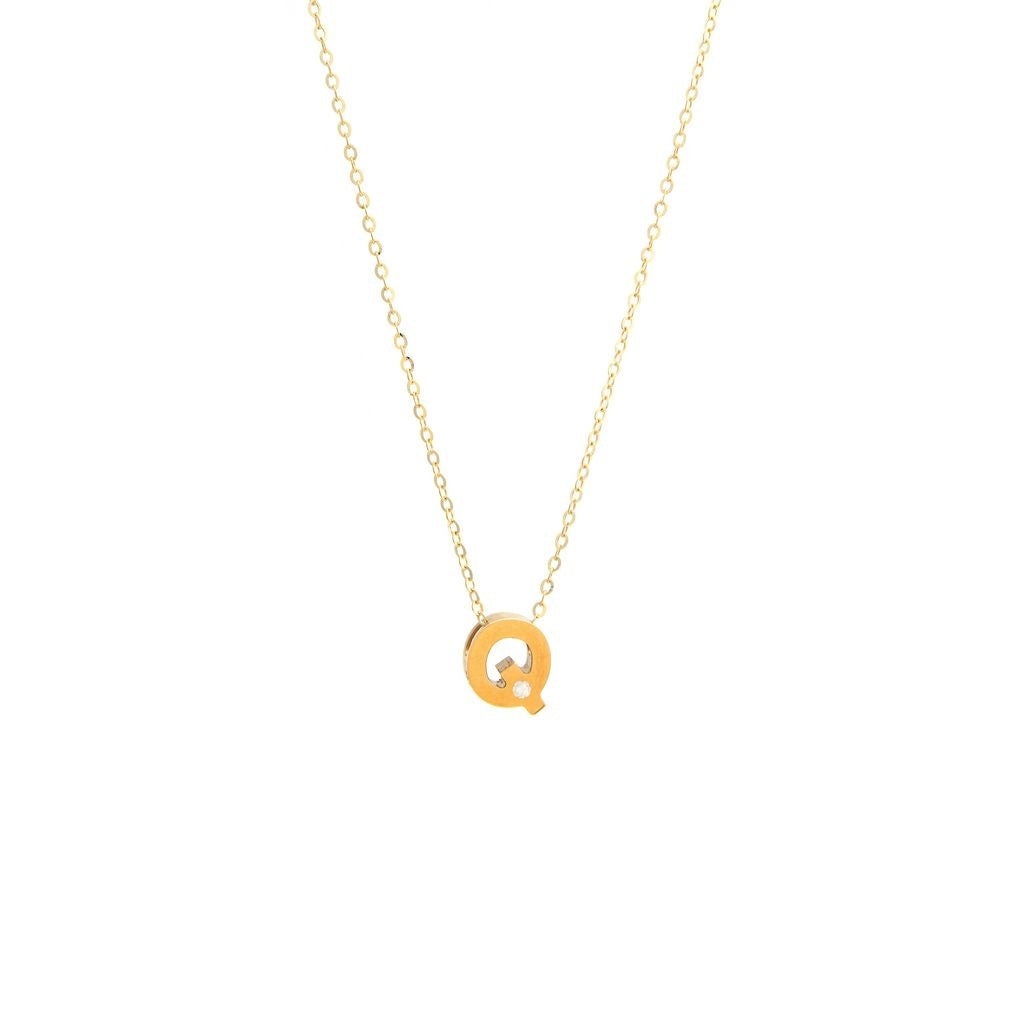 14K Yellow Gold Diamond Q Initial Letter Minimalist  Necklace 16"-18"
