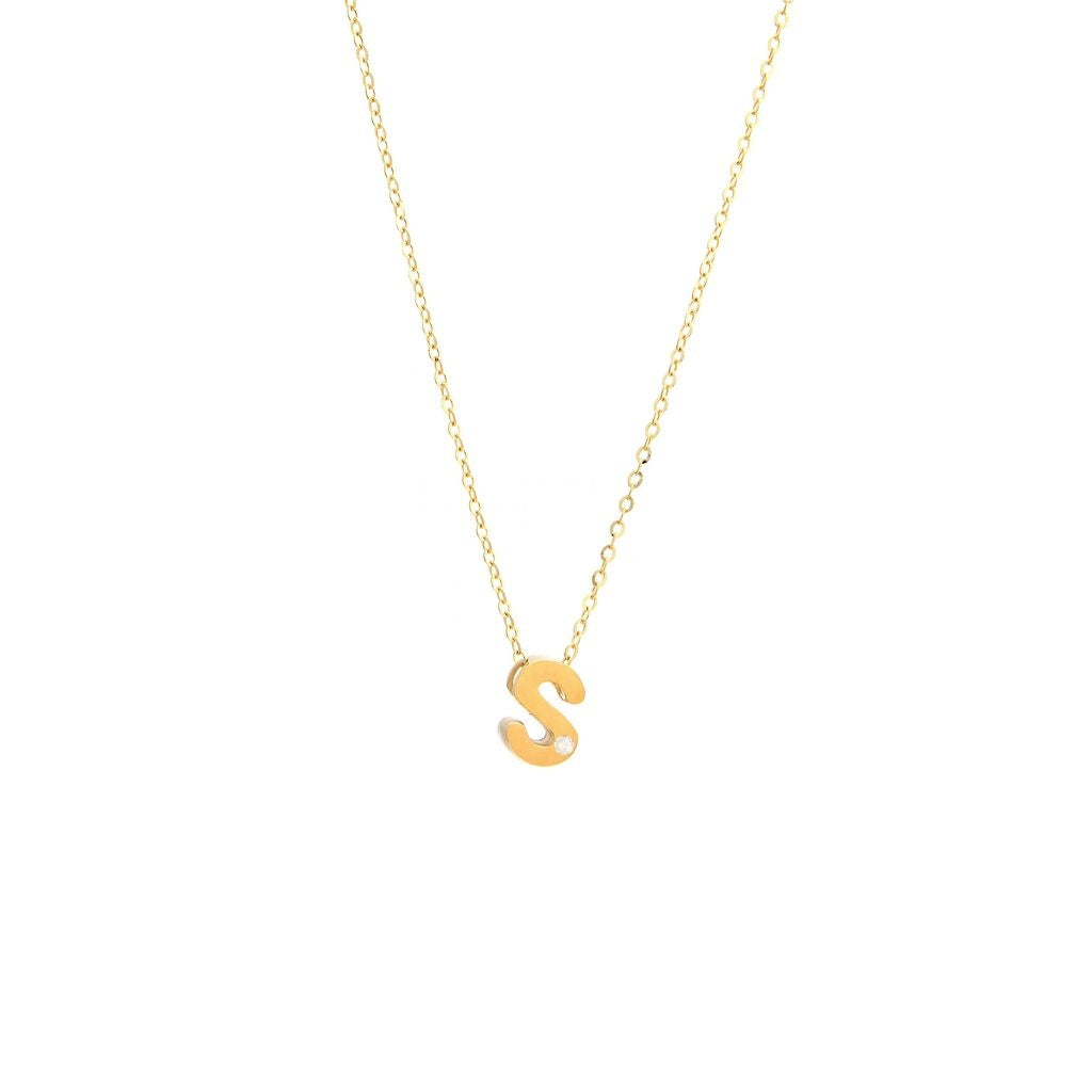14K Yellow Gold Diamond S Initial Letter Minimalist  Necklace 16"-18"