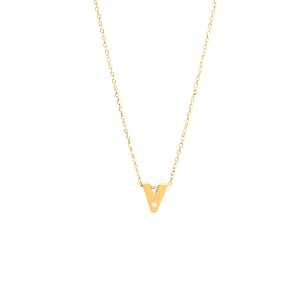 14K Yellow Gold Diamond V Initial Letter Minimalist  Necklace 16"-18"