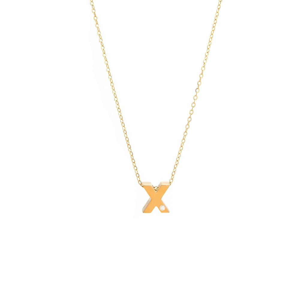 14K Yellow Gold Diamond X Initial Letter Minimalist  Necklace 16"-18"