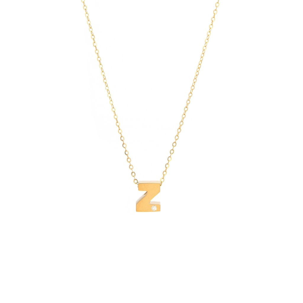 14K Yellow Gold Diamond Z Initial Letter Minimalist  Necklace 16"-18"