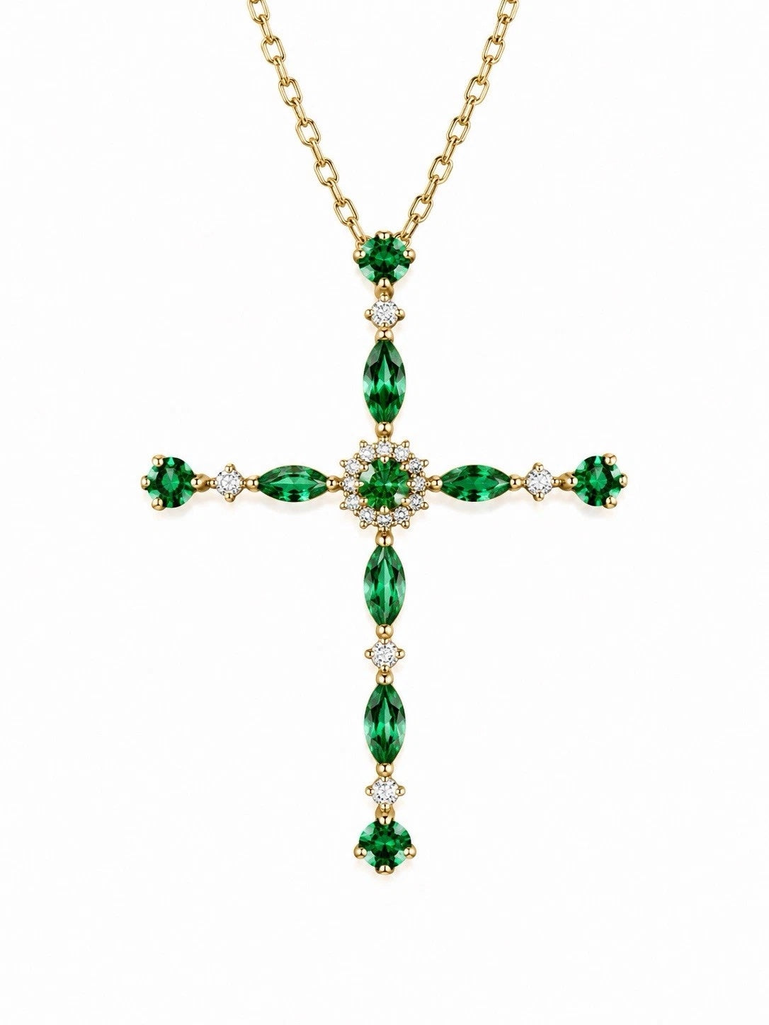 14K Yellow Gold Emerald & Natural Diamond Cross Necklace Adjustable 16-18”