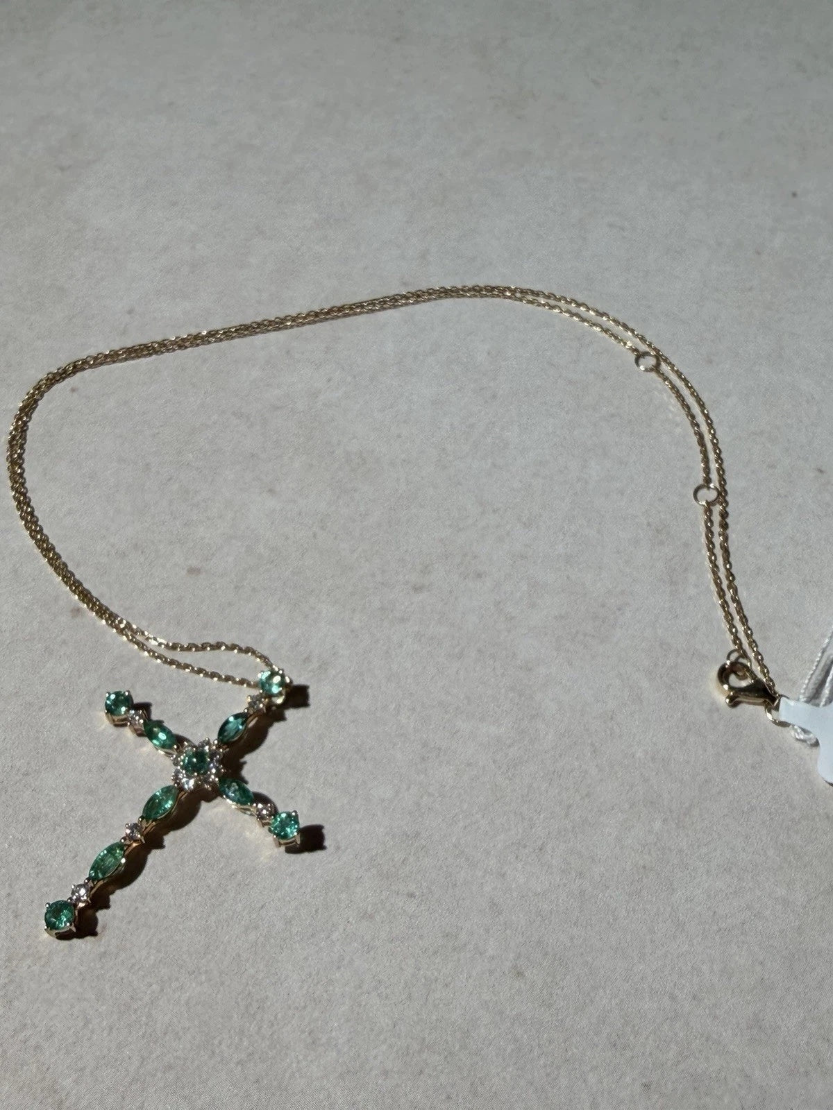 14K Yellow Gold Emerald & Natural Diamond Cross Necklace Adjustable 16-18”