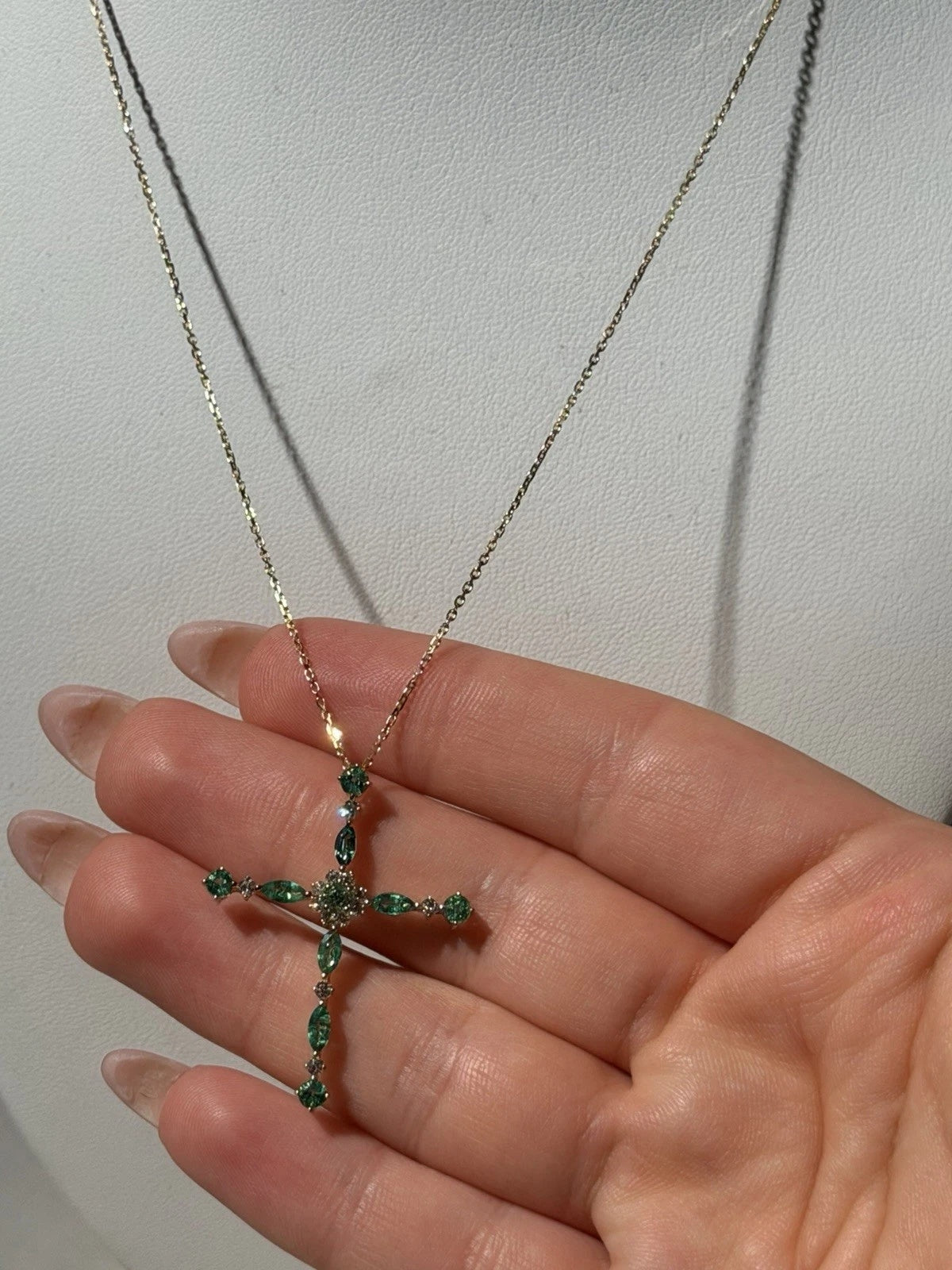 14K Yellow Gold Emerald & Natural Diamond Cross Necklace Adjustable 16-18”