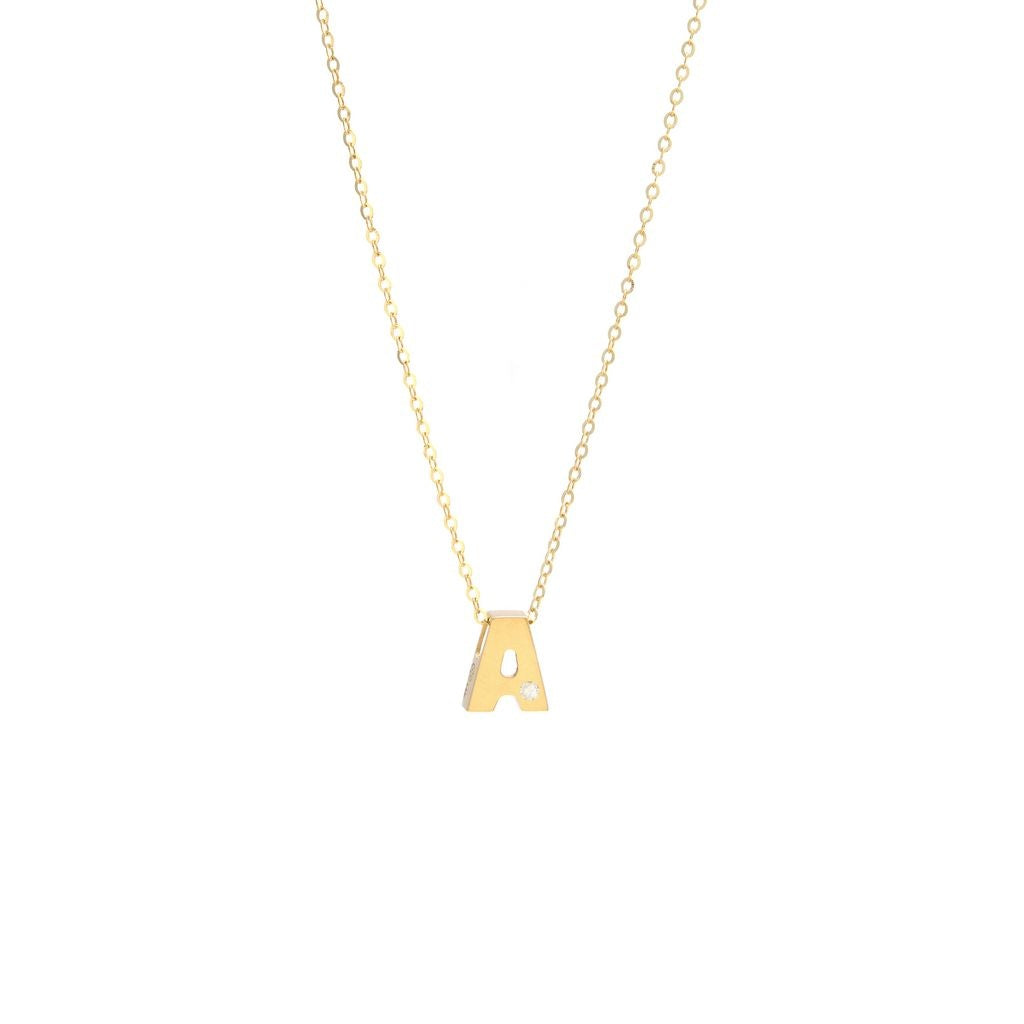 14k Yellow Gold Diamond A Initial Letter Minimalist  Necklace 16"-18"