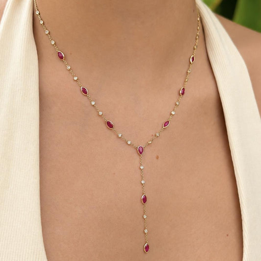 14K Real Solid Gold  Natural Rubies and Diamond Lariat Necklace 16/17/18"