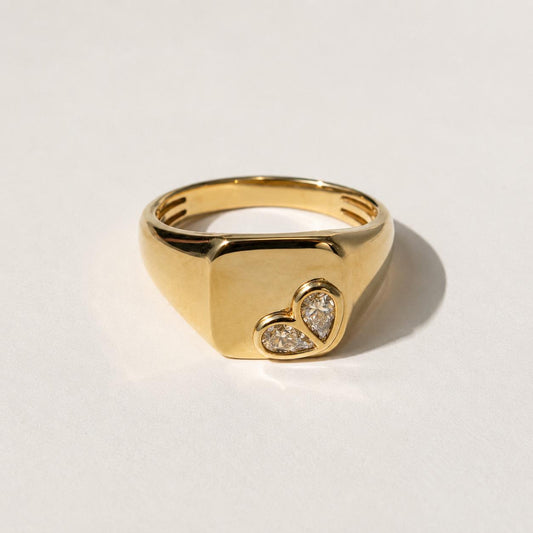 18K Solid Yellow Gold Signet Natural Diamond Ring Size 6.5