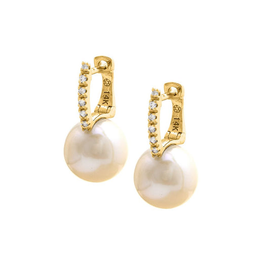 14K Yellow Gold Pearl  Pave Natural Diamond Earrings 9mm
