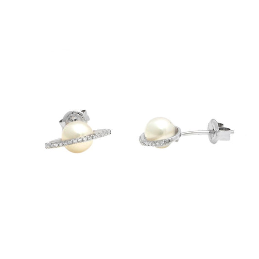 14K White Gold Pearl Pave Natural Diamond Planet Earrings6x12mm