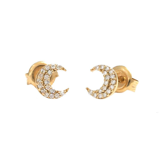 14K Yellow Half Moon Gold Pave Natural Diamond Studs 5x6mm