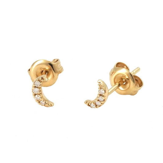 14K Yellow Half Moon Gold Pave Natural Diamond Studs 5x6mm