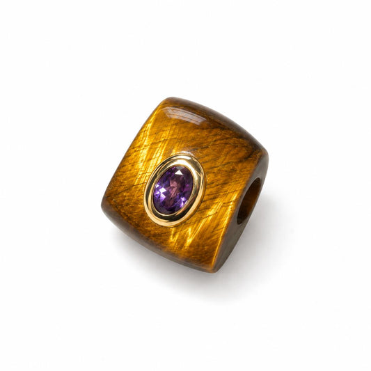 14K Solid Gold Tiger Eye & Amethyst Bezel Set Pendant Charm 17x13mm