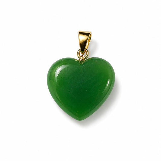 14K Real Gold Heart Pendant with Green Jade Stone 20mm x 15mm
