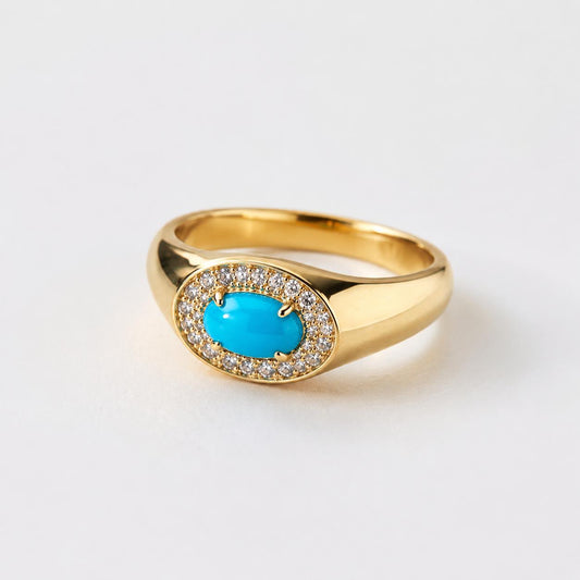 18K Real Yellow Gold Natural Diamond & Turquoise Ring – Size 6