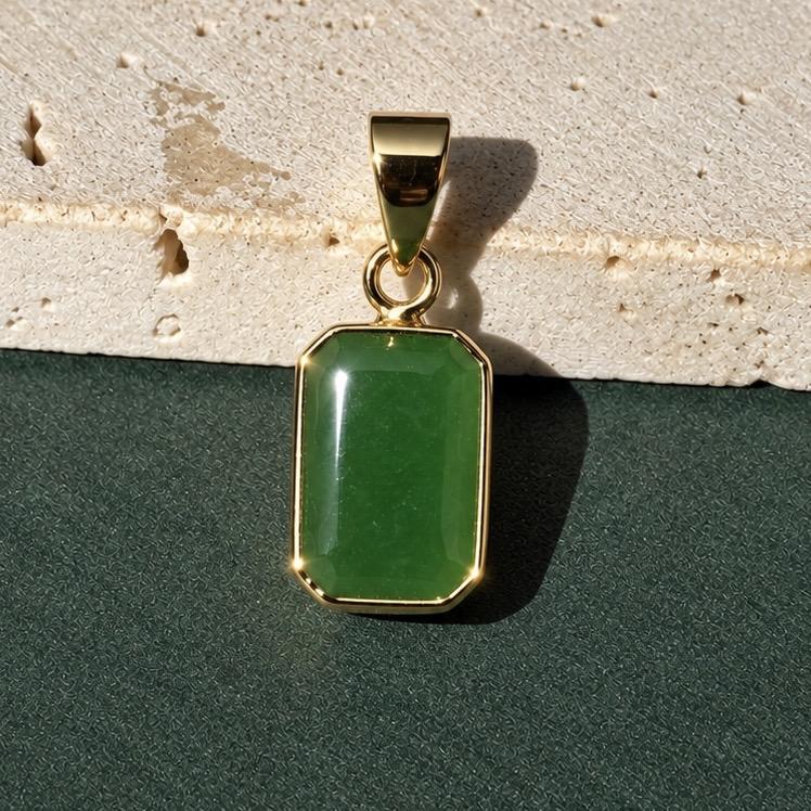 14K Real Solid Gold Rectangular Jade Pendant Charm Bezel Set 19x9mm