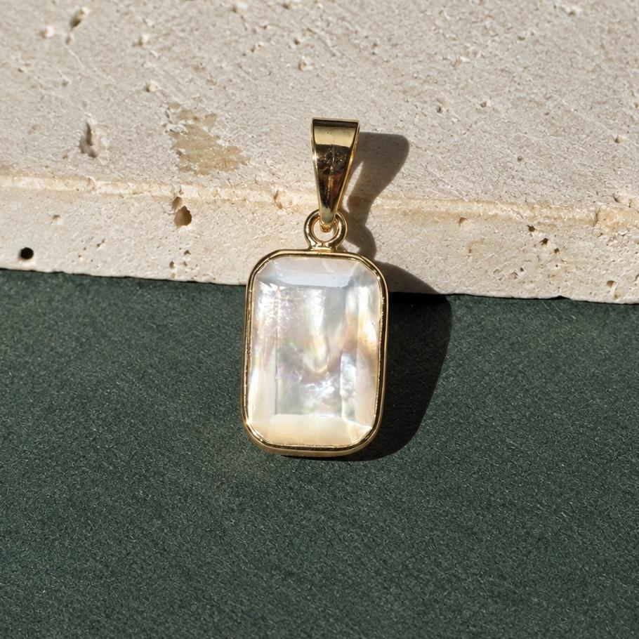 14K Solid Gold Rectangular Mother of Pearl Pendant, Bezel Set Charm, Minimalist