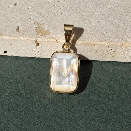 14K Solid Gold Rectangular Mother of Pearl Pendant, Bezel Set Charm, Minimalist