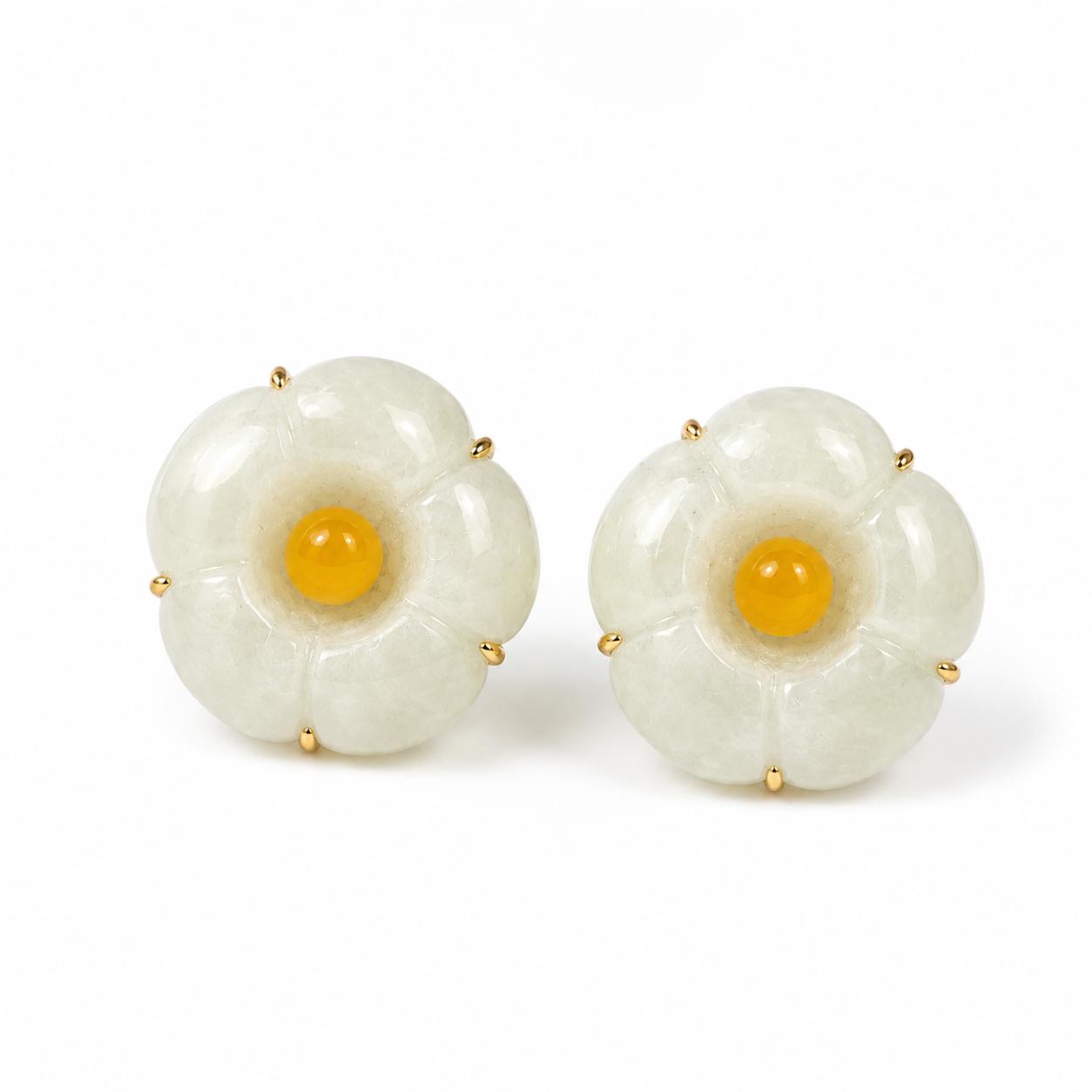 14K Gold Carved  Natural light Green and Yellow Jade Floral Earrings  13.0mm