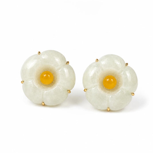 14K Gold Carved  Natural light Green and Yellow Jade Floral Earrings  13.0mm