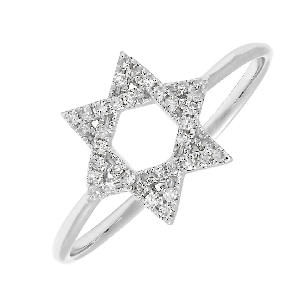 14K White Gold Jewish Star Natural Diamond Size 7 Ring