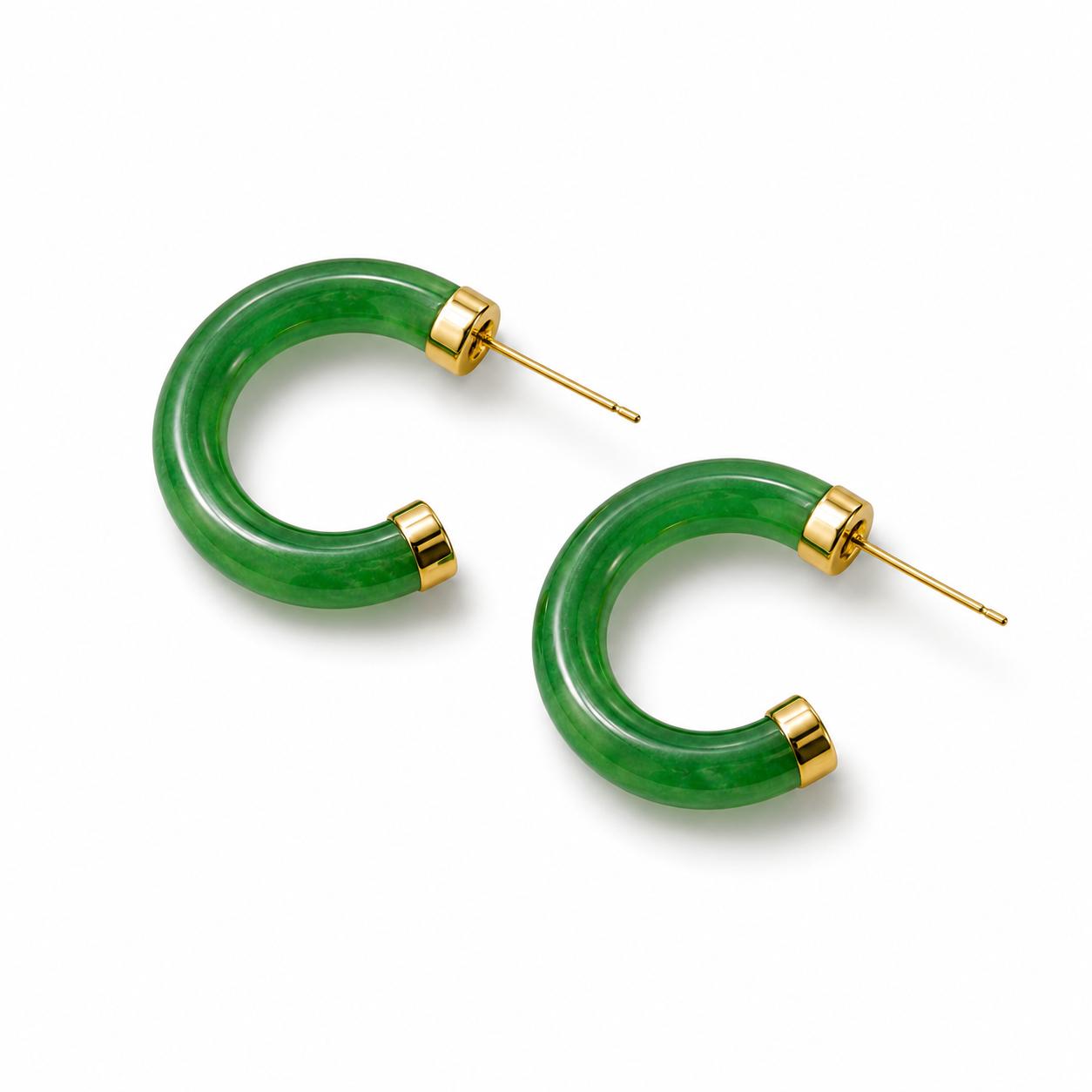 14K Real Gold Green Jade Hoop Earrings Stud Fine Jewelry 18mm