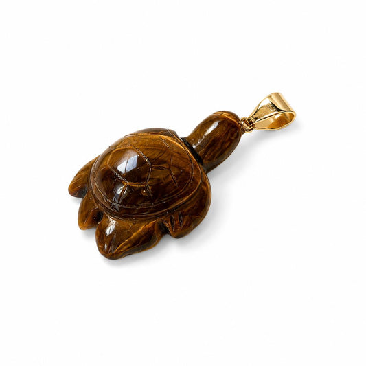 14k Real Gold Turtle Pendant with Tiger's Eye Stone 27mm x 15mm