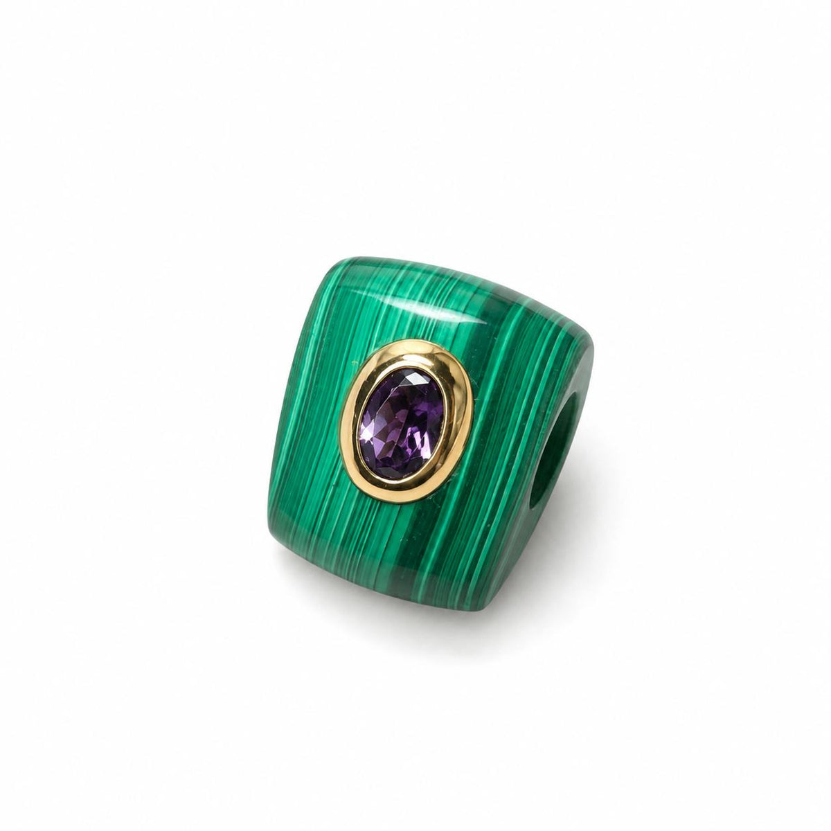 14K Solid Gold Malachite & Purple Amethyst Bezel Set Pendant Charm 17x13mm