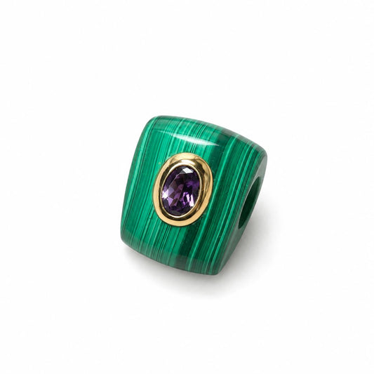 14K Solid Gold Malachite & Purple Amethyst Bezel Set Pendant Charm 17x13mm