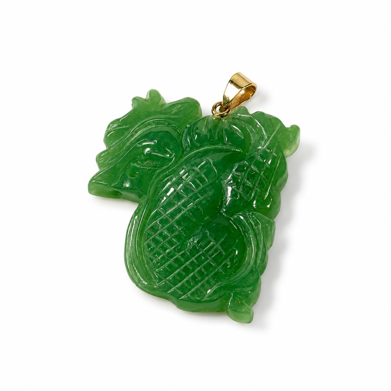 14K Real Gold Green Jade Elegant Artistry 35mm x 26mm 9.3g