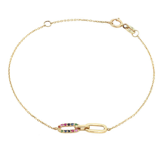 14K Yellow Gold  Paperclip Multi Gemstone Bracelet 7"