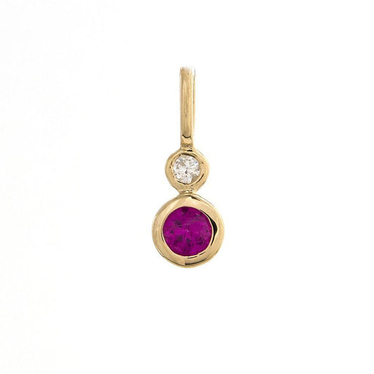 14K Real Solid Yellow Gold Round Bezel Ruby & Diamond Drop Pendant 13.59mm