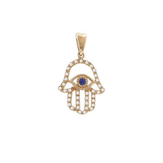14K Real Yellow Gold Eye And Hand Bezel Sapphire Pendant 12X21mm
