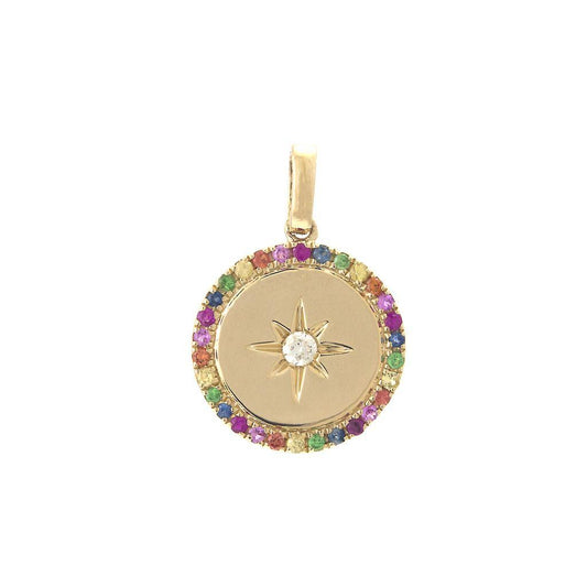 14K Real Yellow Gold Rainbow Round Micro Pave Multi Gem Pendant 12X18mm