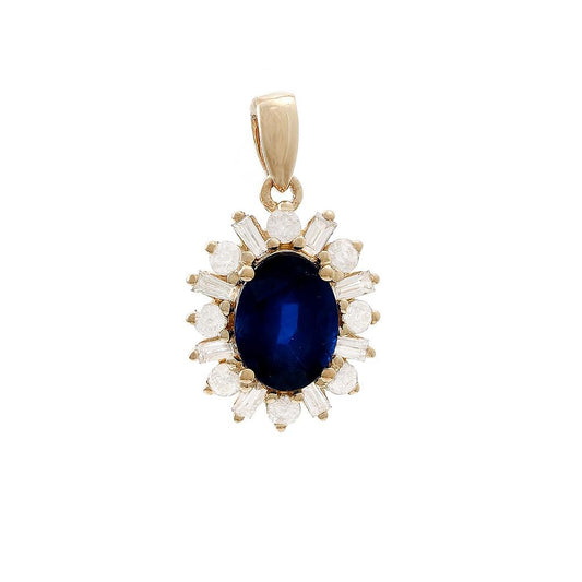 14K Real Yellow Gold Oval Prong Sapphire Pendant 9X18mm